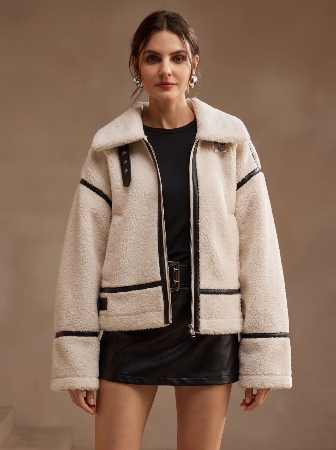 Women's Oversized Sherpa Teddy Jacket Contrast Trim Zip-Up