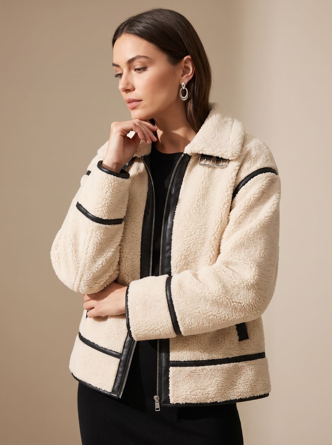 Women's Oversized Sherpa Teddy Jacket Contrast Trim Zip-Up
