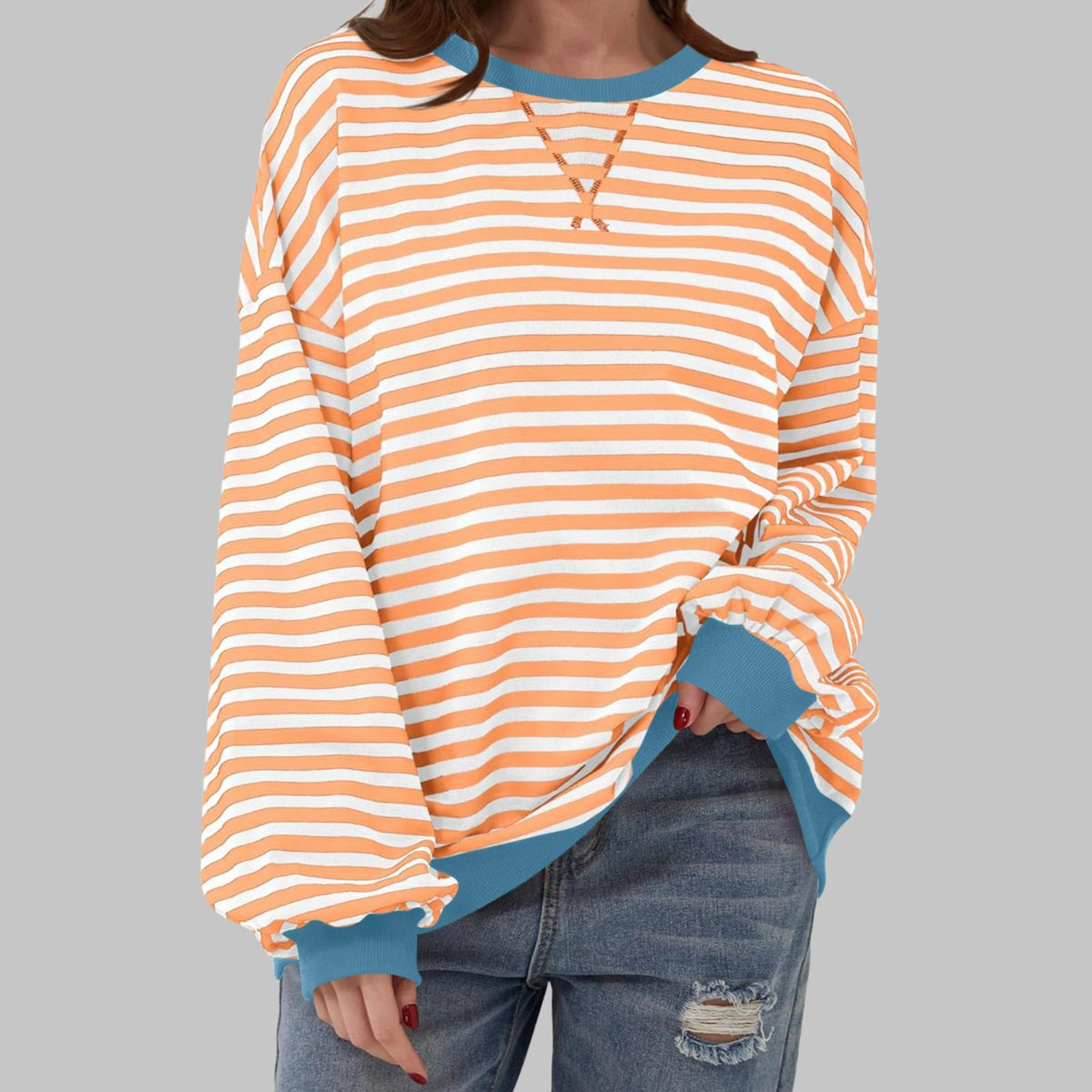 Women's Oversized Striped Crewneck Retro Sweatshirt, Black and White - Orange