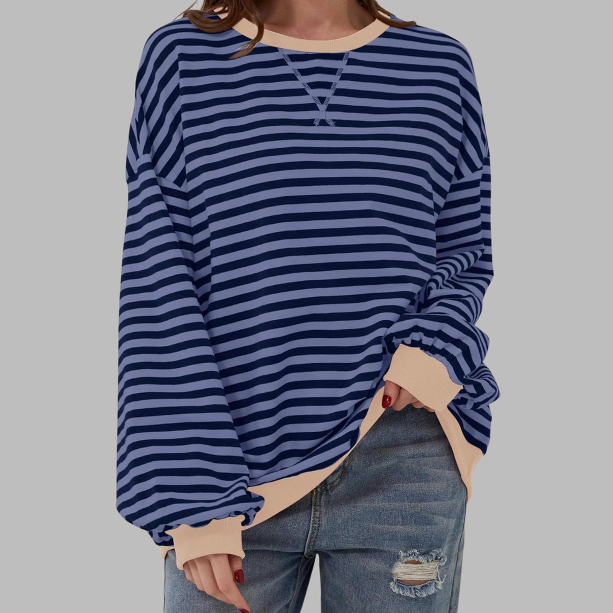Women's Oversized Striped Crewneck Retro Sweatshirt, Black and White - Blue