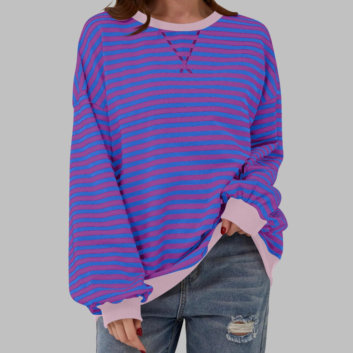 Women's Oversized Striped Crewneck Retro Sweatshirt, Black and White - Purple