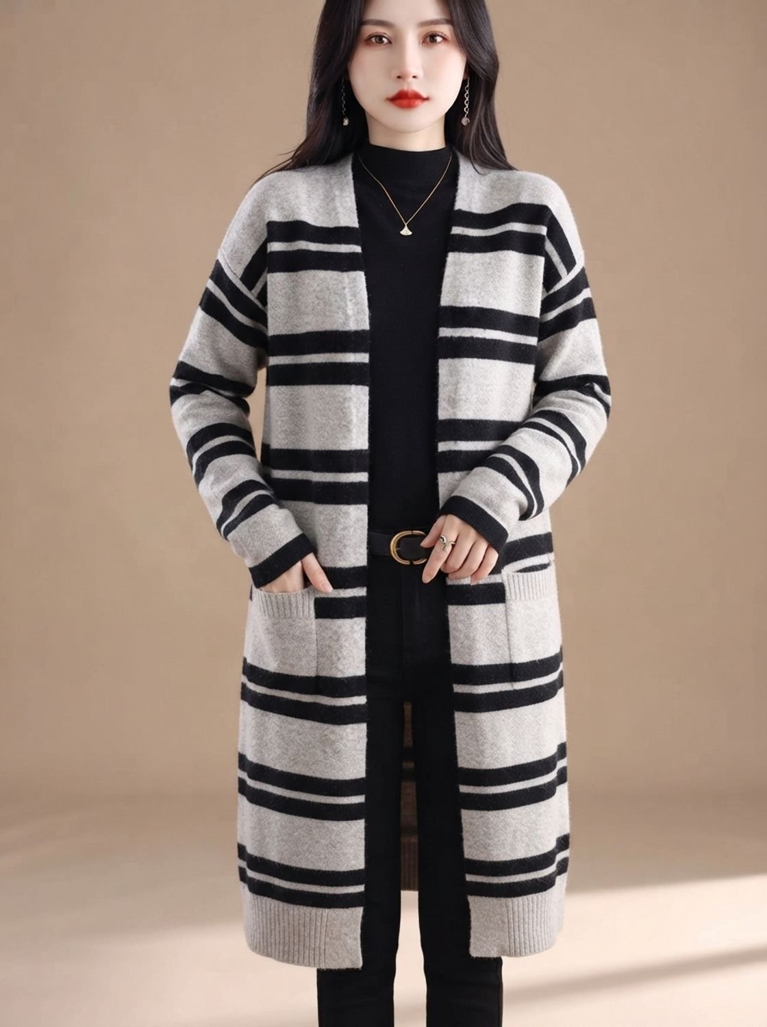 Women's Oversized Striped Long Open-Front Knit Cardigan - Black-Grey