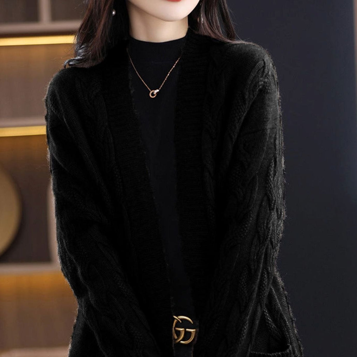 Women's Oversized Striped Long Open-Front Knit Cardigan - Black