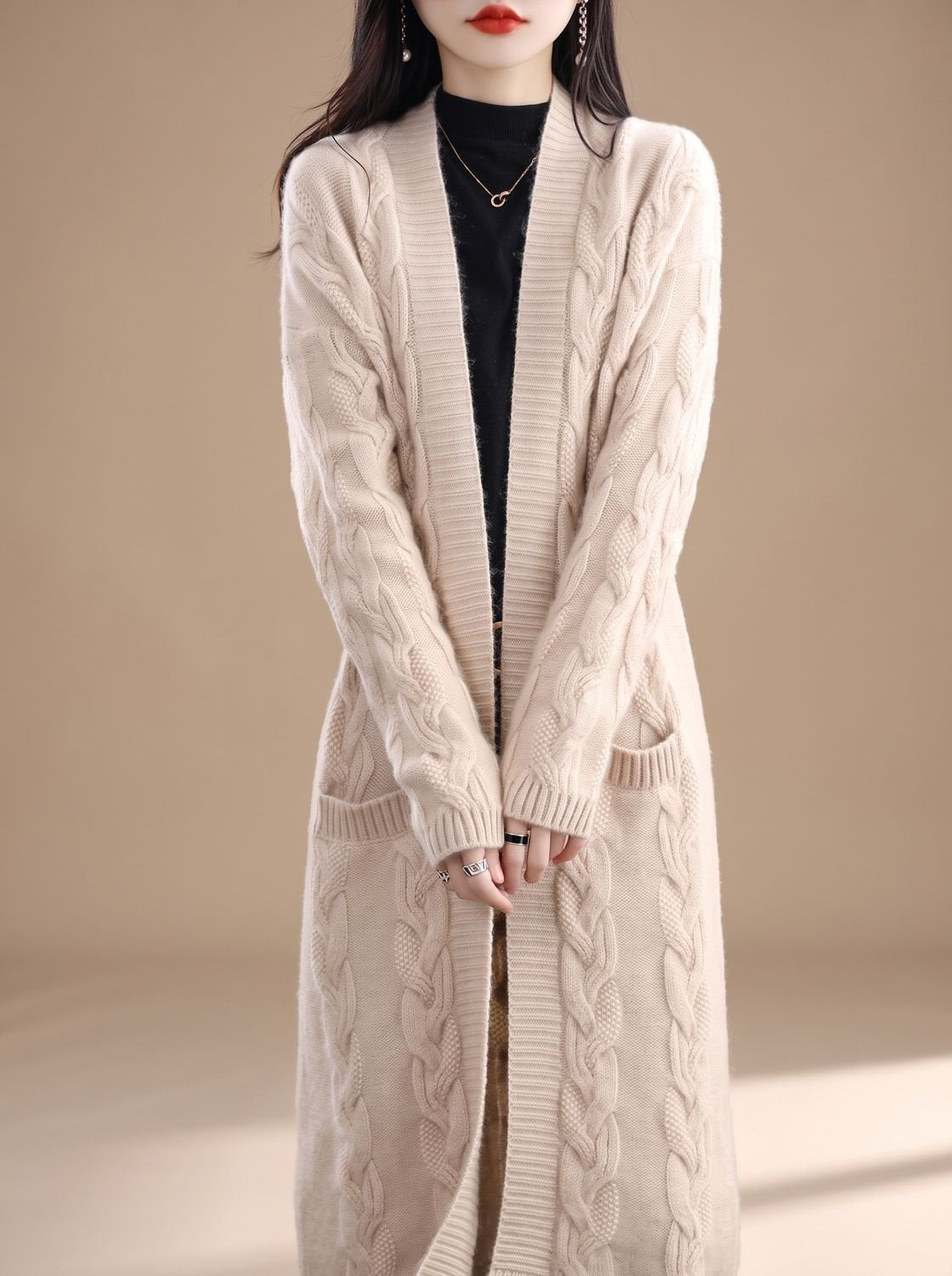Women's Oversized Striped Long Open-Front Knit Cardigan