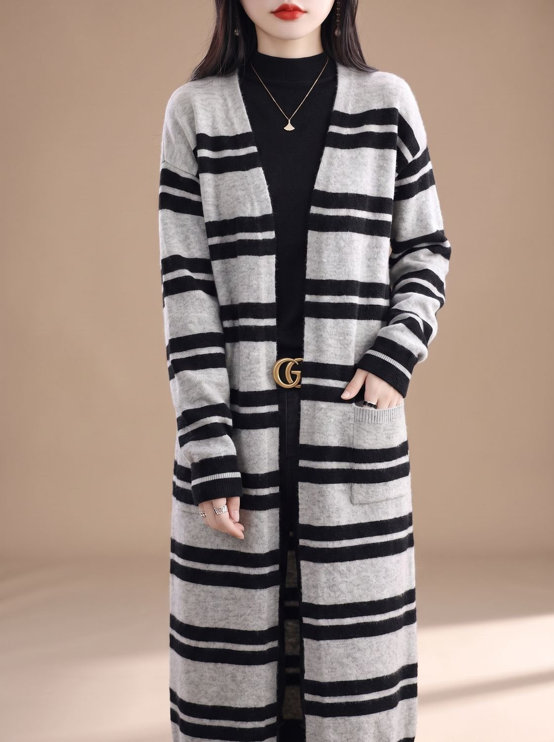 Women's Oversized Striped Long Open-Front Knit Cardigan