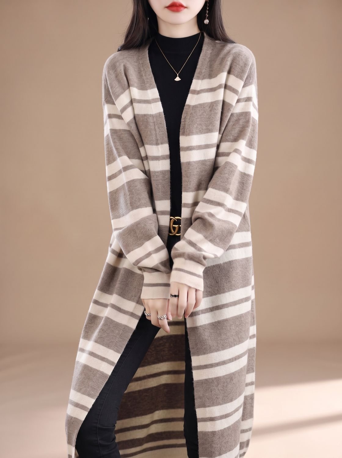 Women's Oversized Striped Long Open-Front Knit Cardigan