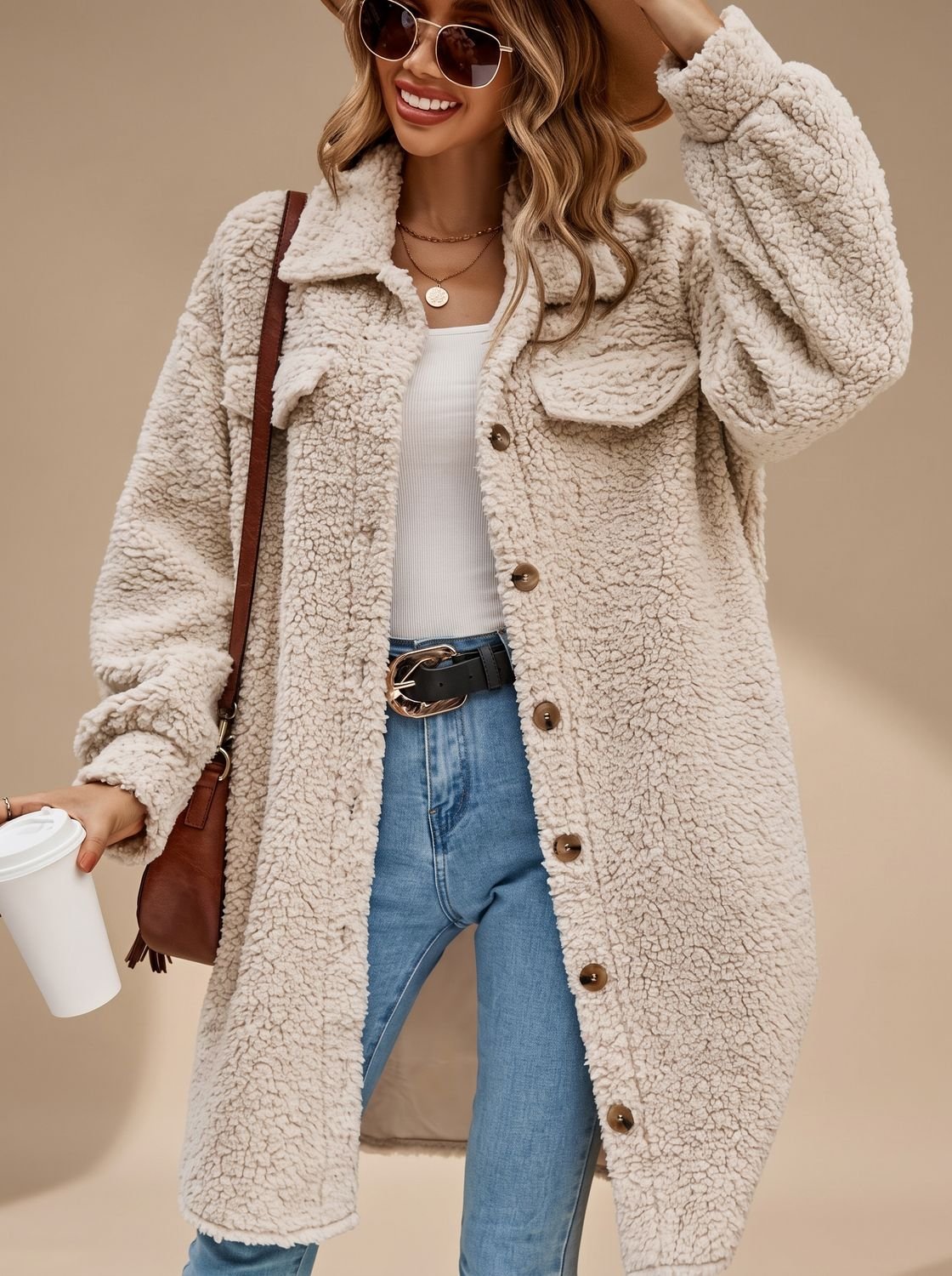 Women's Oversized Teddy Coat Long Button-Down Sherpa Jacket