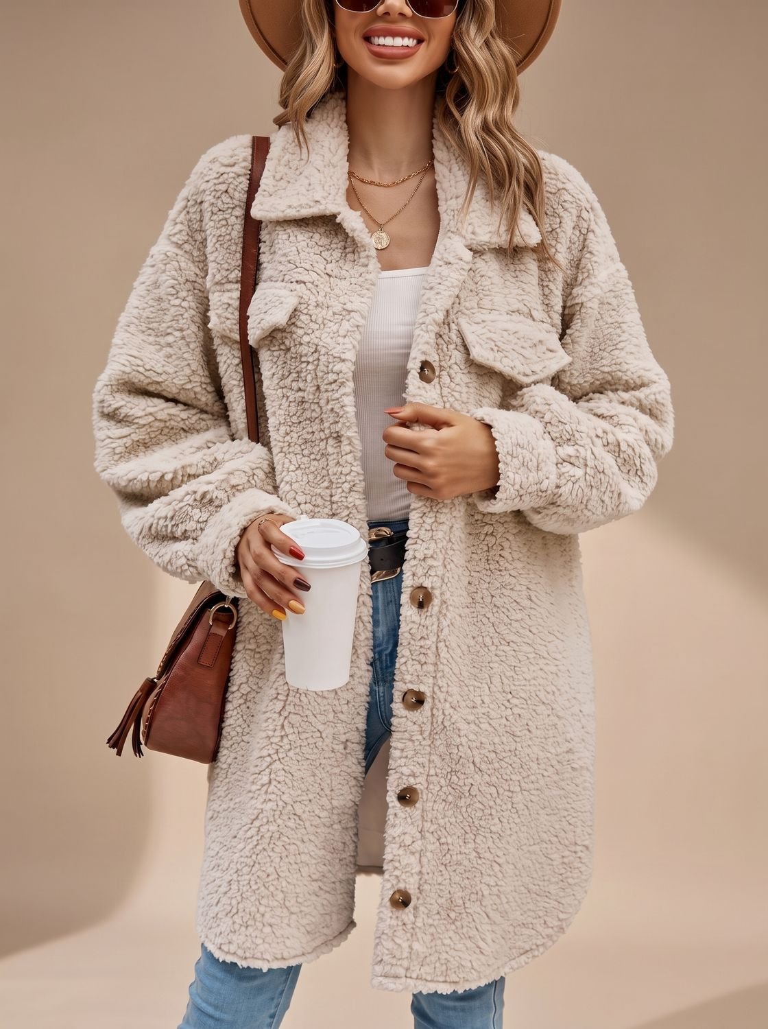 Women's Oversized Teddy Coat Long Button-Down Sherpa Jacket - Beige