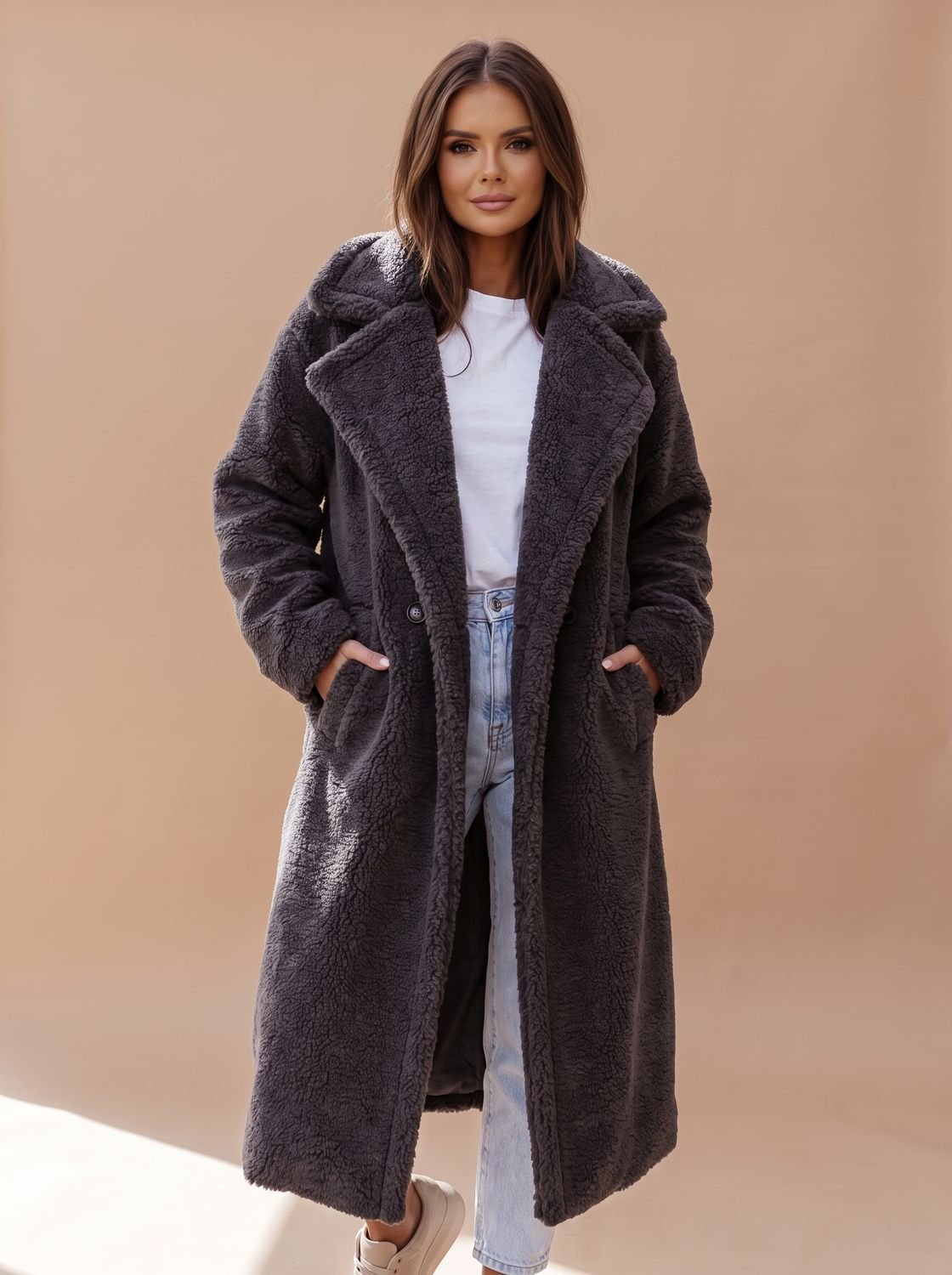 Women's Oversized Teddy Faux Fur Long Winter Coat - Beige