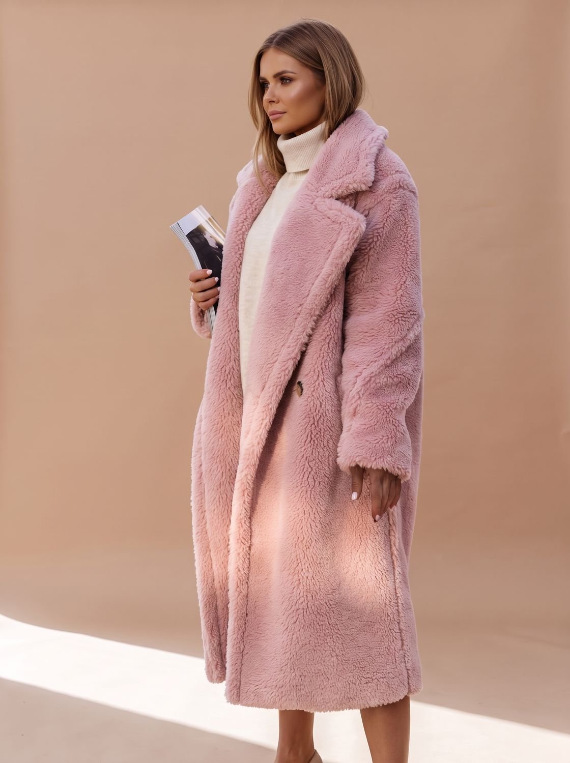 Women's Oversized Teddy Faux Fur Long Winter Coat - Pink