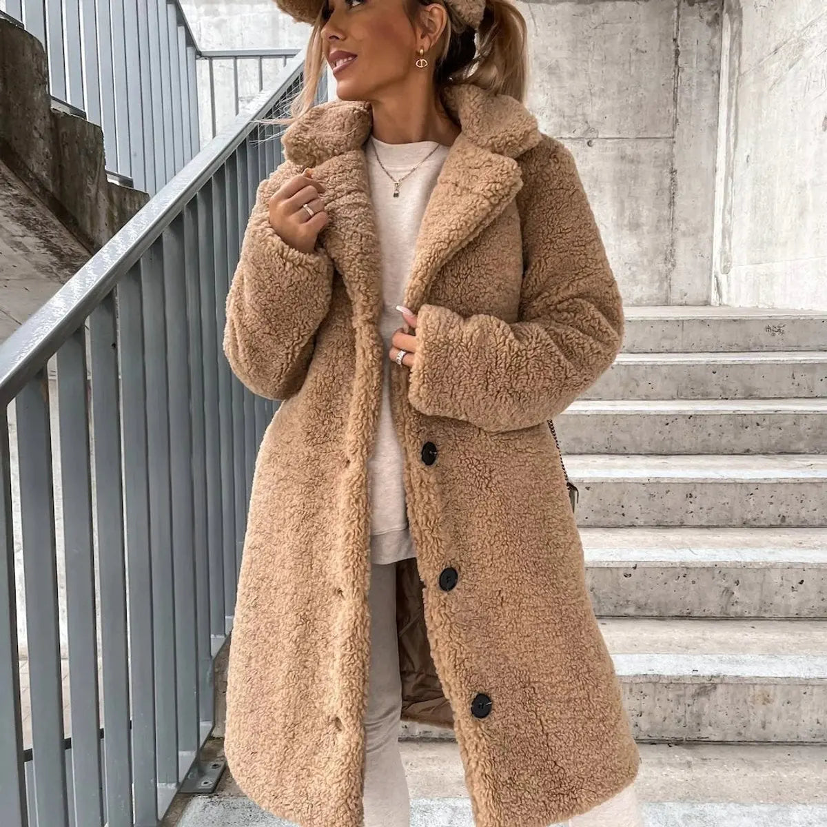 Women's Oversized Teddy Fleece Long Puffer Jacket Coat - Beige