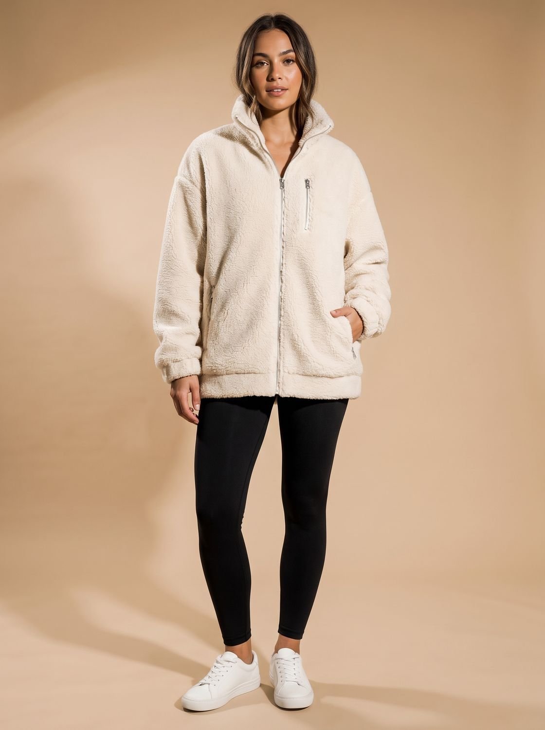 Women's Oversized Teddy Fleece Zip-Up Jacket - White
