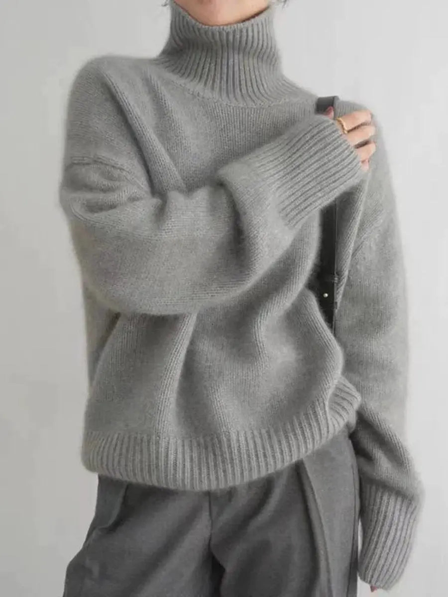 Women's Oversized Turtleneck Cashmere Knit Sweater Jumper - Grey