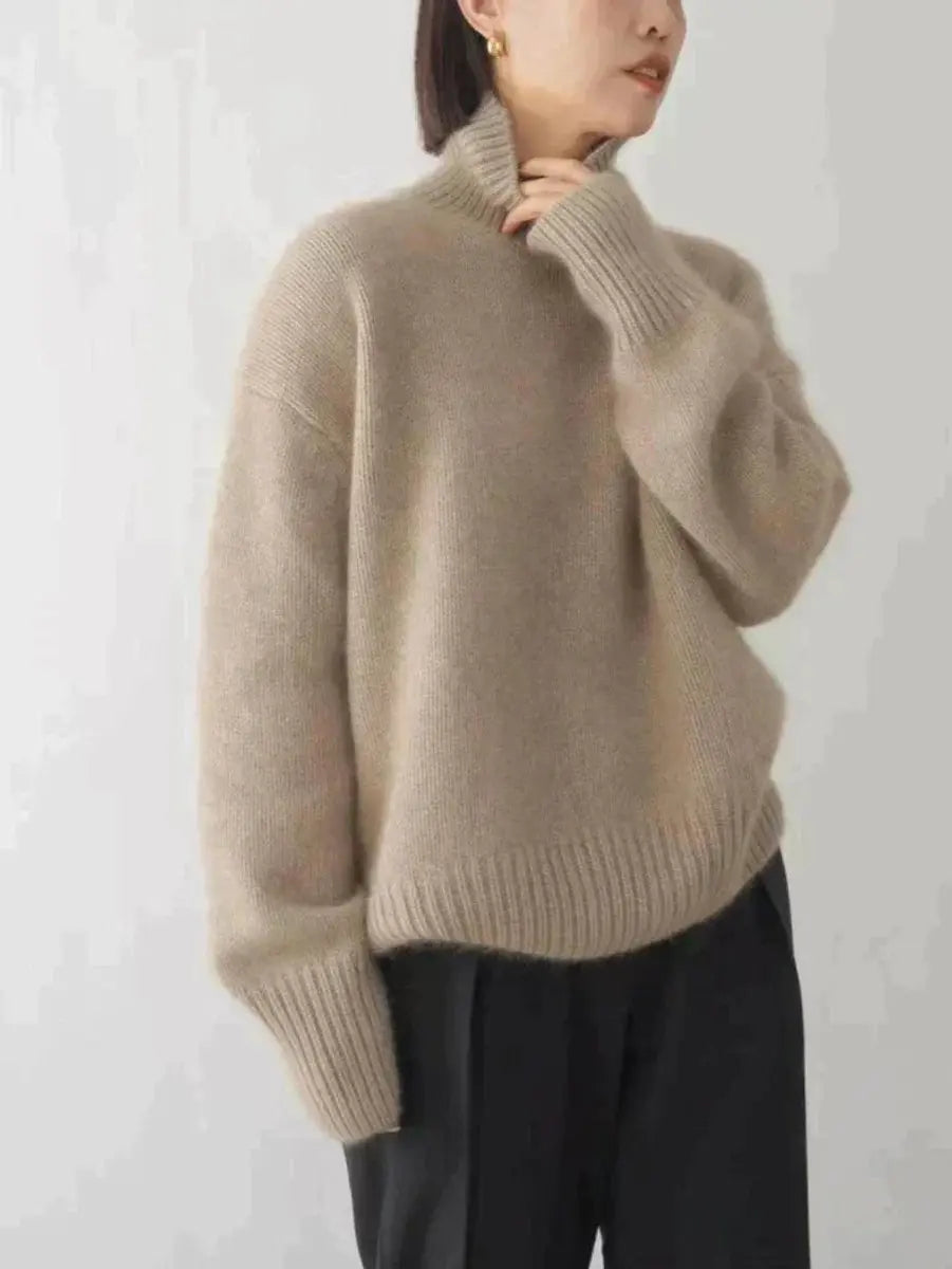 Women's Oversized Turtleneck Cashmere Knit Sweater Jumper - Khaki