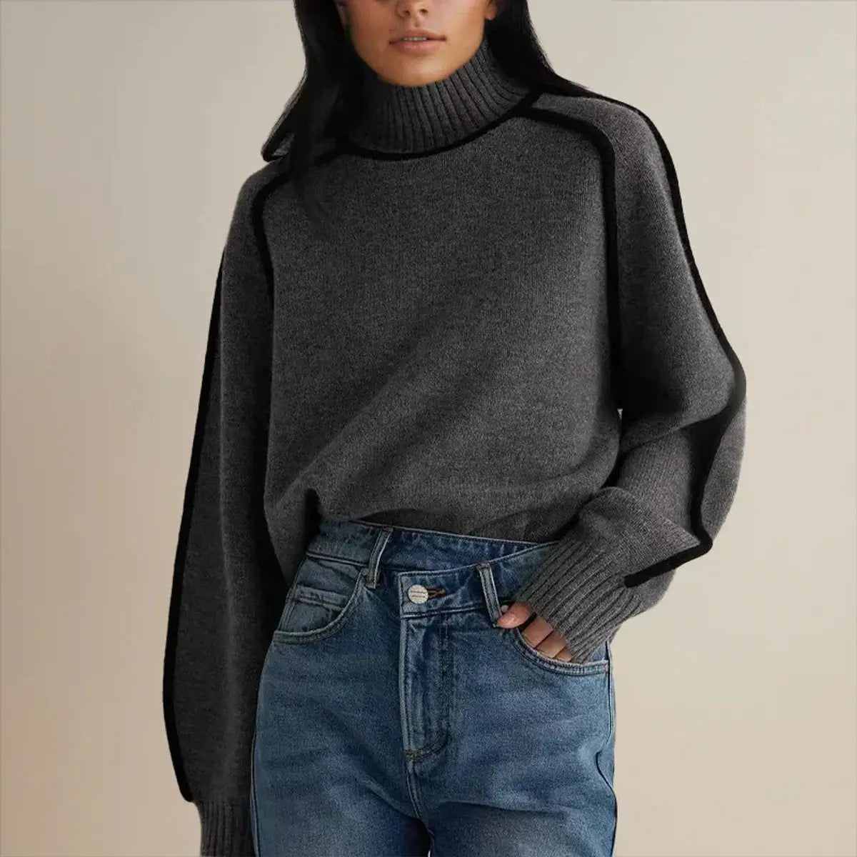 Women's Oversized Turtleneck Contrast Stripe Knit Sweater - Grey