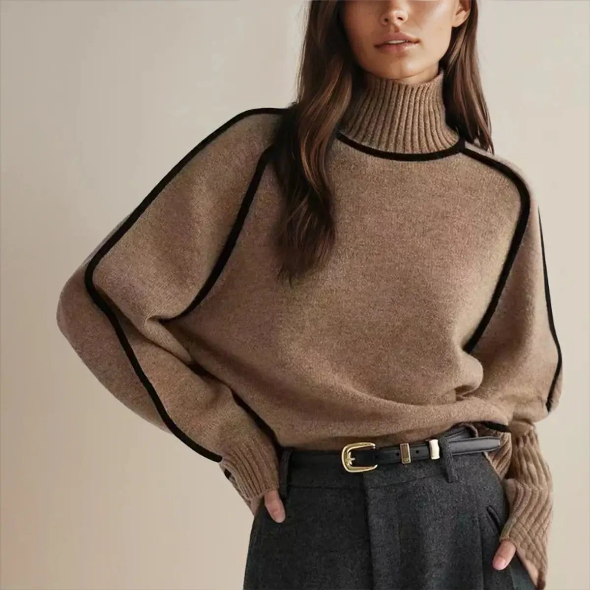 Women's Oversized Turtleneck Contrast Stripe Knit Sweater