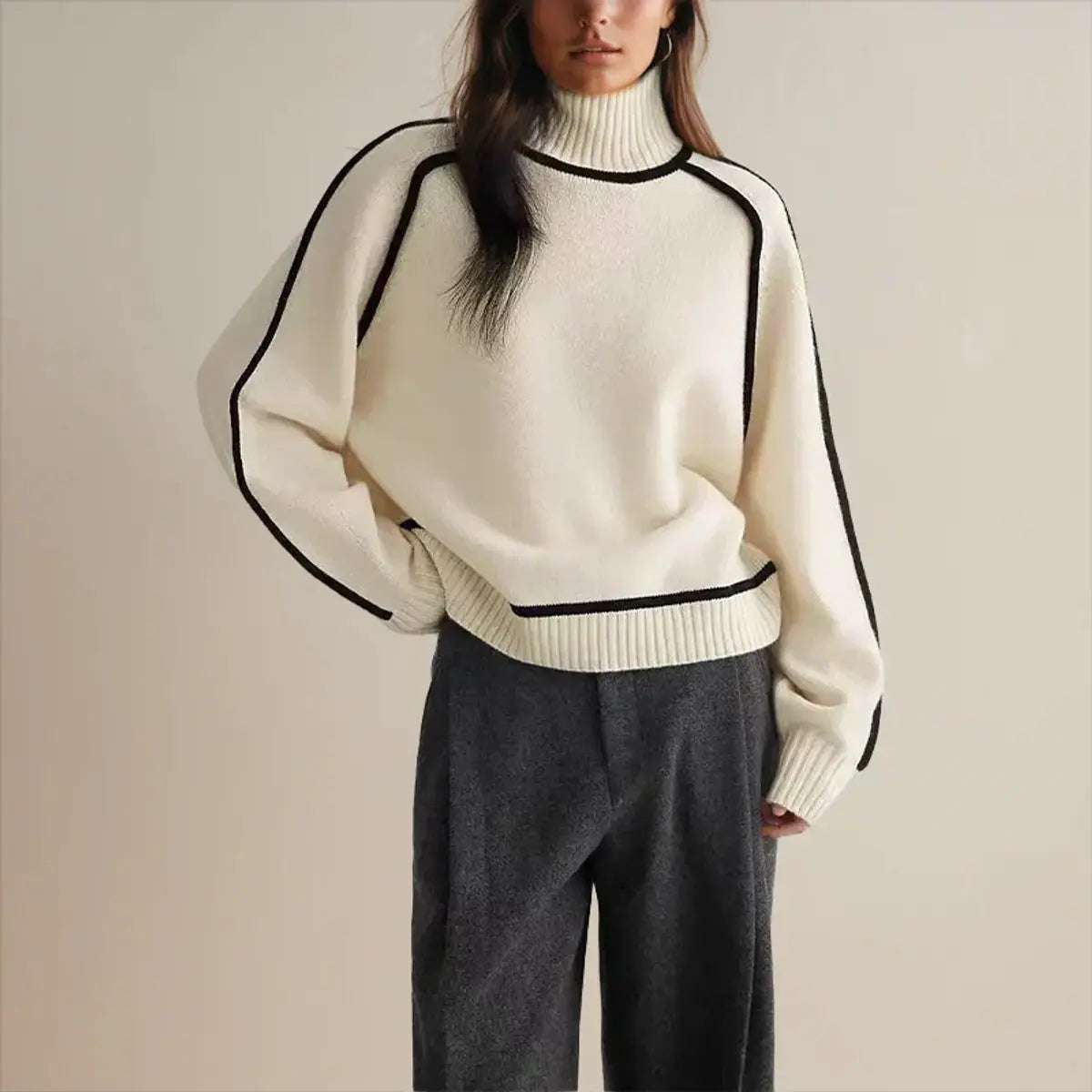Women's Oversized Turtleneck Contrast Stripe Knit Sweater - White
