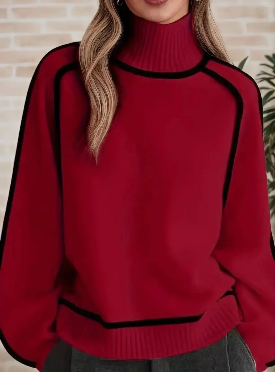 Women's Oversized Turtleneck Contrast Stripe Knit Sweater - Red