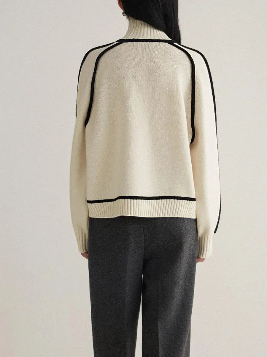 Women's Oversized Turtleneck Contrast Stripe Knit Sweater