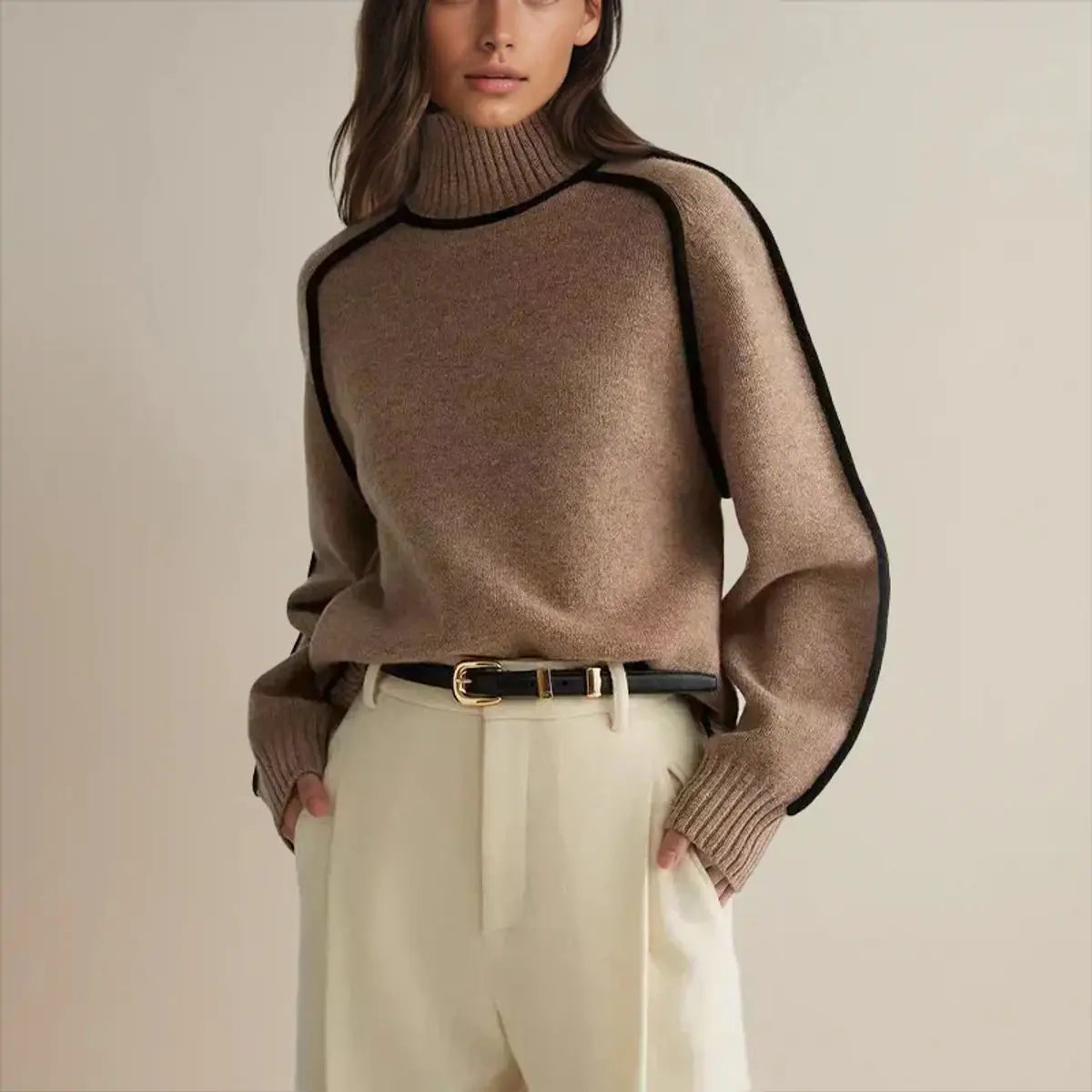 Women's Oversized Turtleneck Contrast Stripe Knit Sweater - Brown