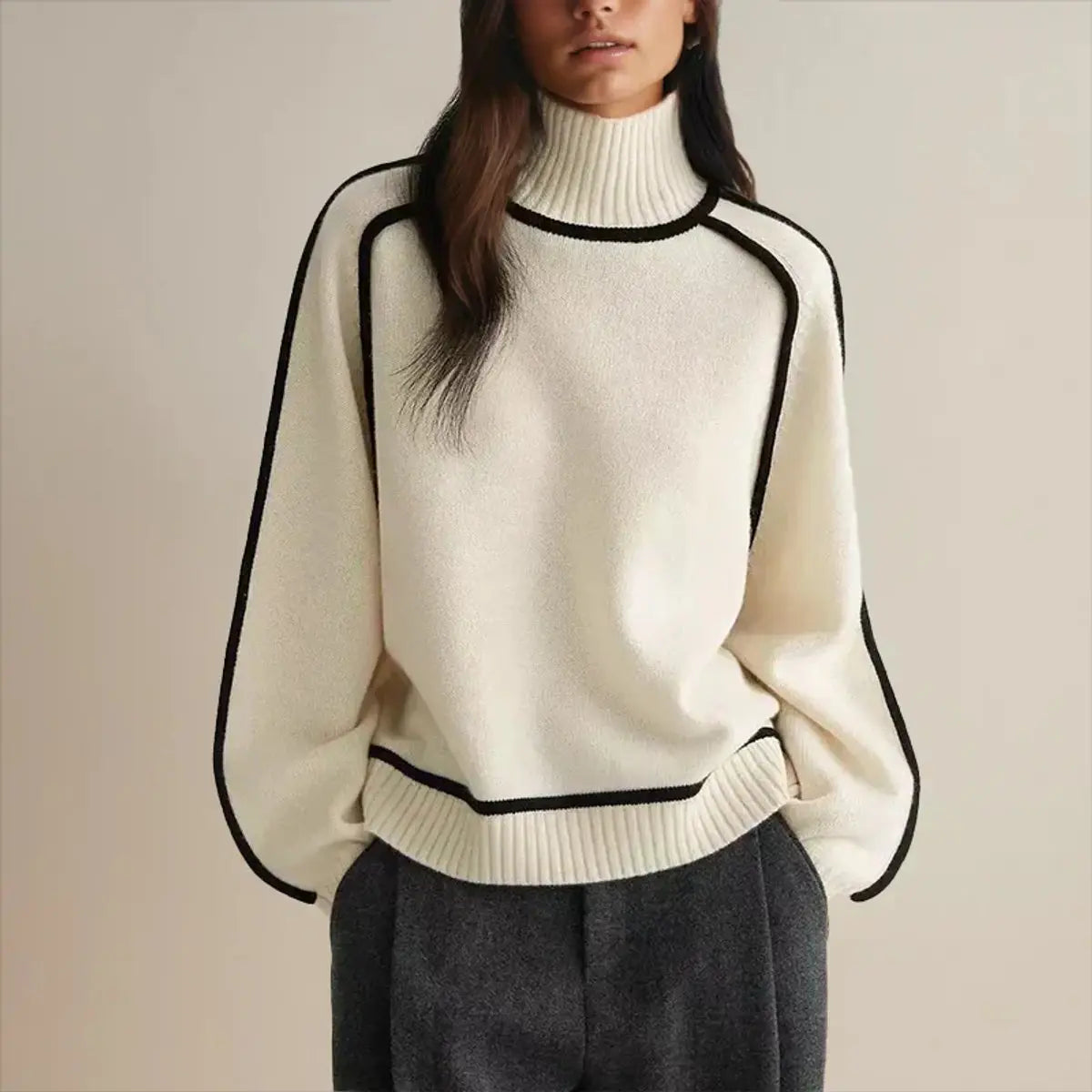 Women's Oversized Turtleneck Contrast Stripe Knit Sweater