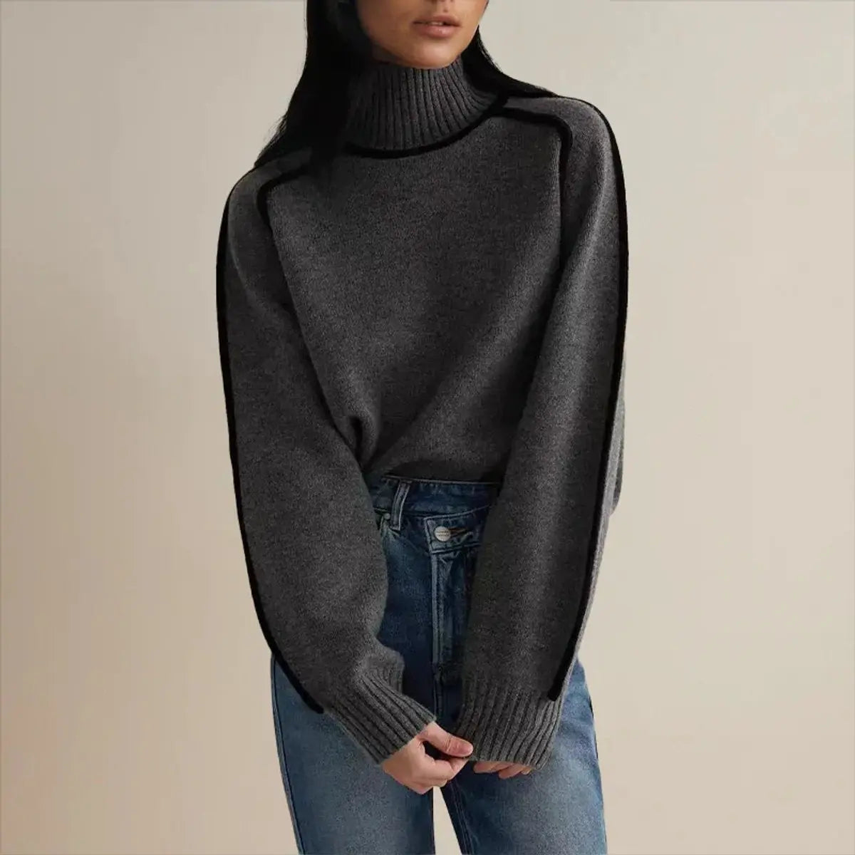 Women's Oversized Turtleneck Contrast Stripe Knit Sweater