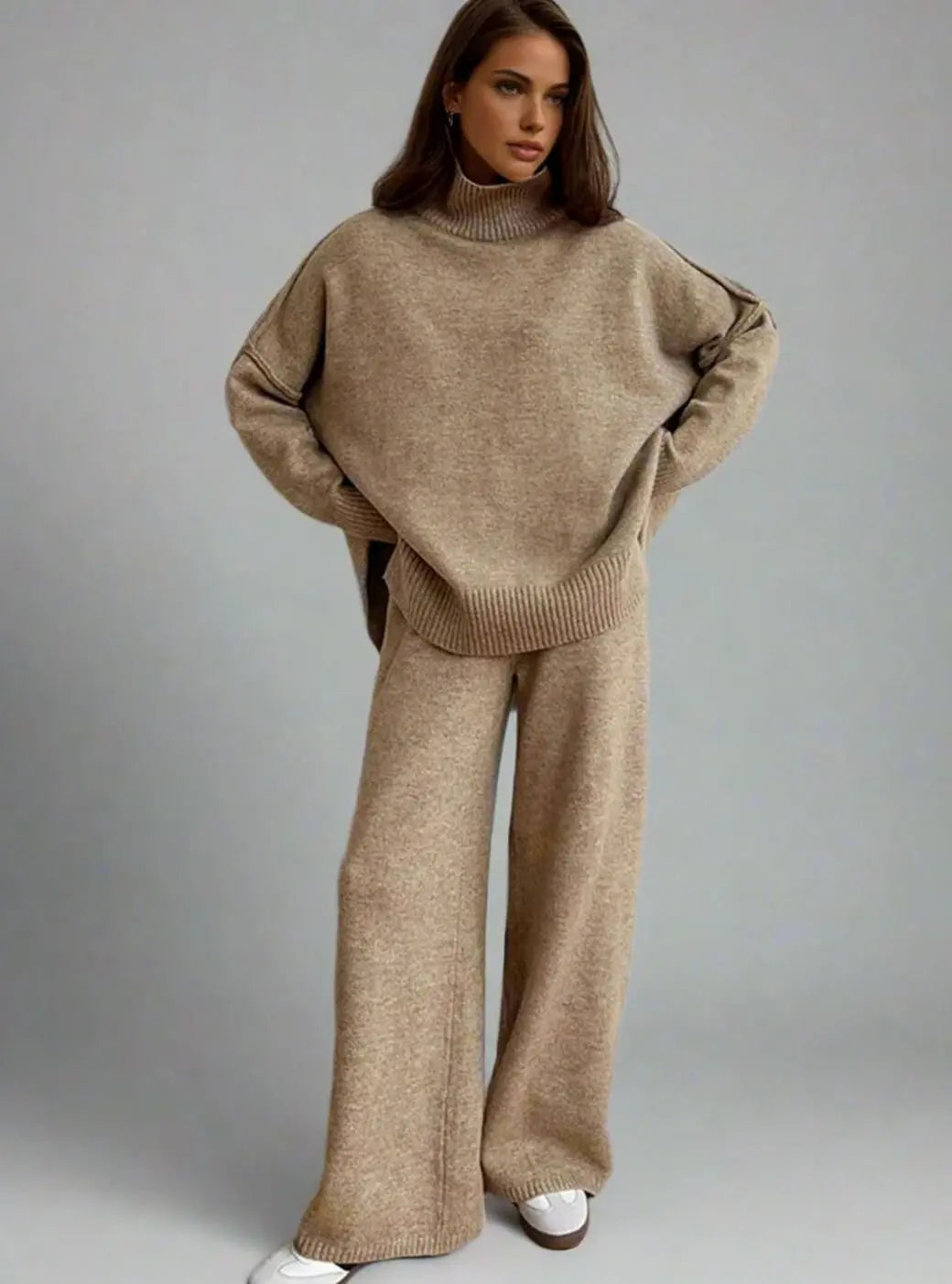 Women's Oversized Turtleneck Knit Wide-Leg Lounge Set