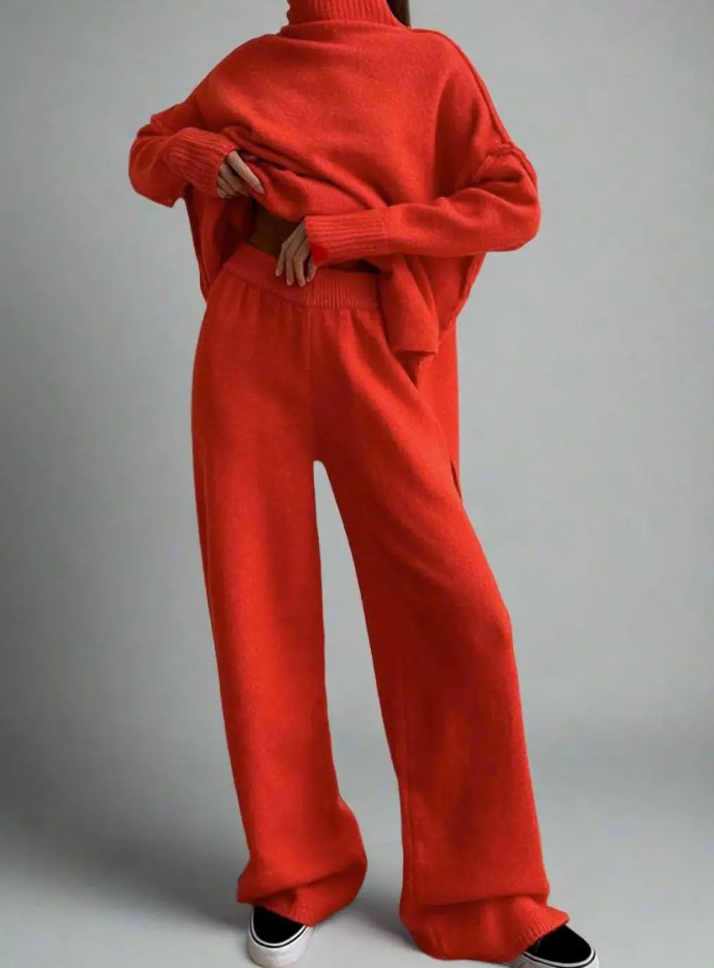 Women's Oversized Turtleneck Knit Wide-Leg Lounge Set - Red