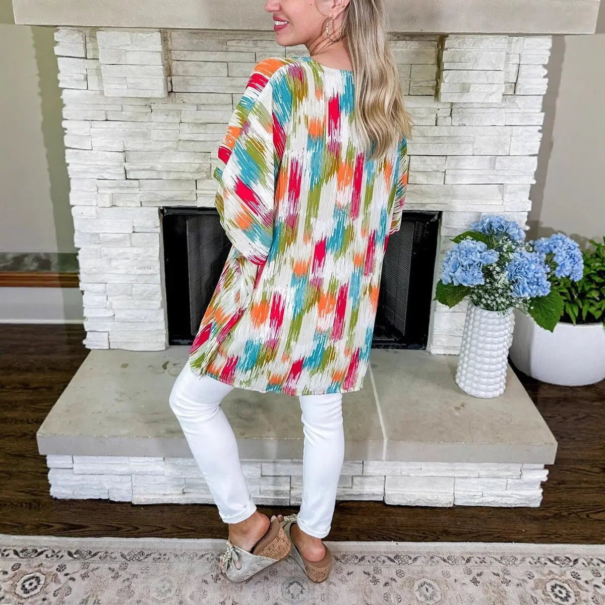 Women's Oversized V-Neck Colourful Print Relaxed Tunic Top