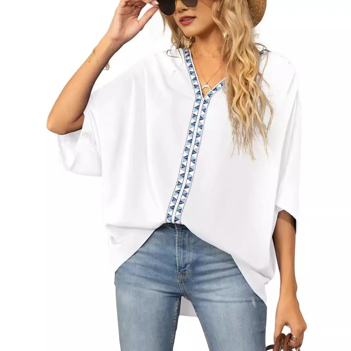 Women's Oversized V-Neck Geometric Trim Boho Tunic Top