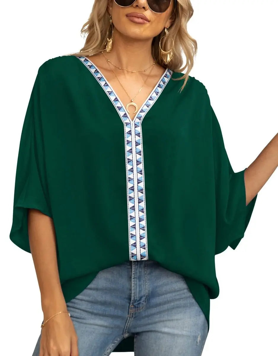 Women's Oversized V-Neck Geometric Trim Boho Tunic Top - Dark Green