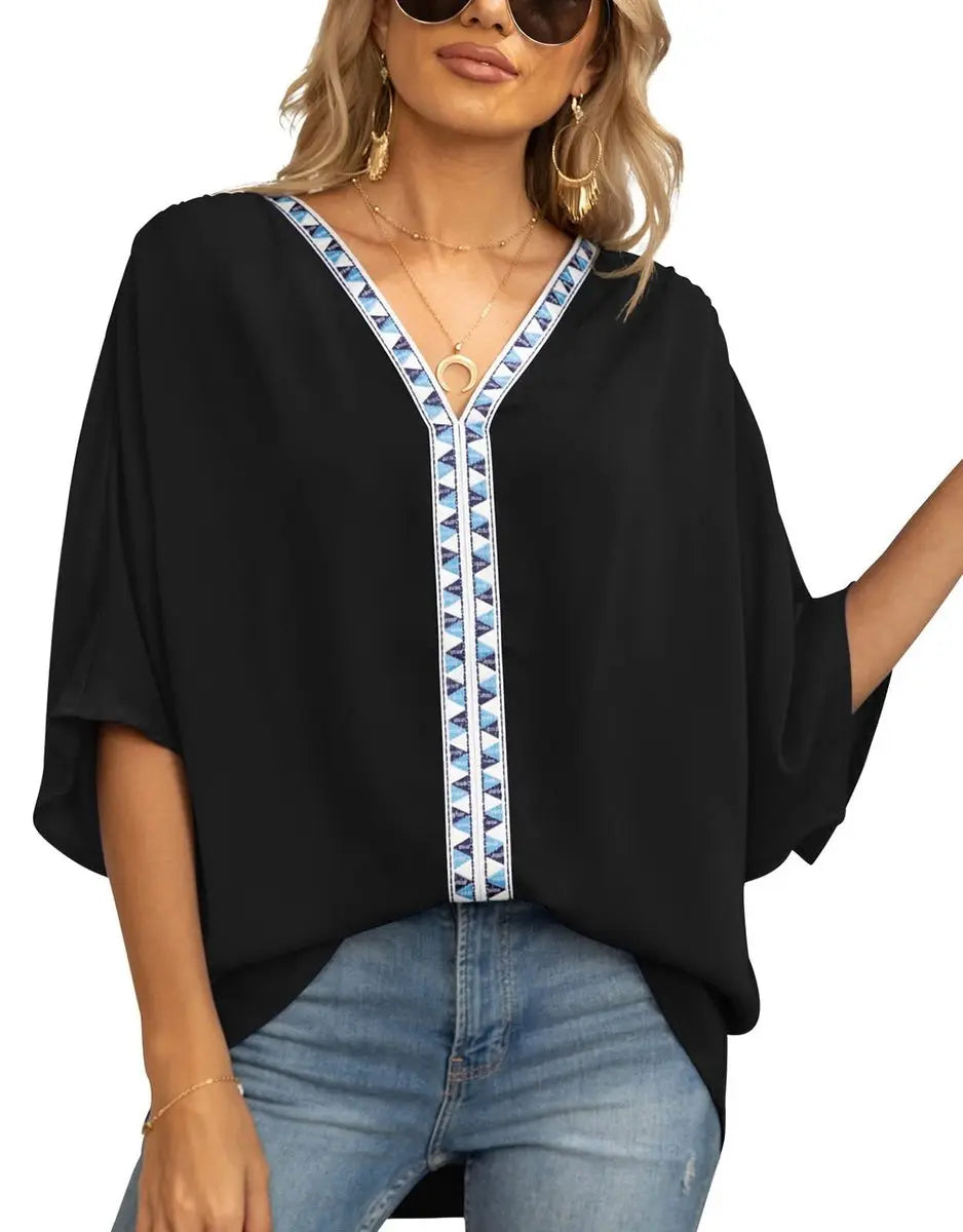 Women's Oversized V-Neck Geometric Trim Boho Tunic Top - Black