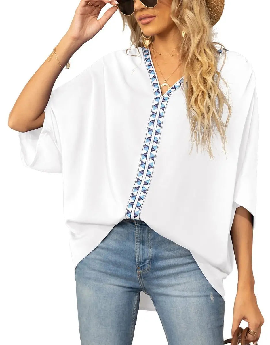 Women's Oversized V-Neck Geometric Trim Boho Tunic Top - White