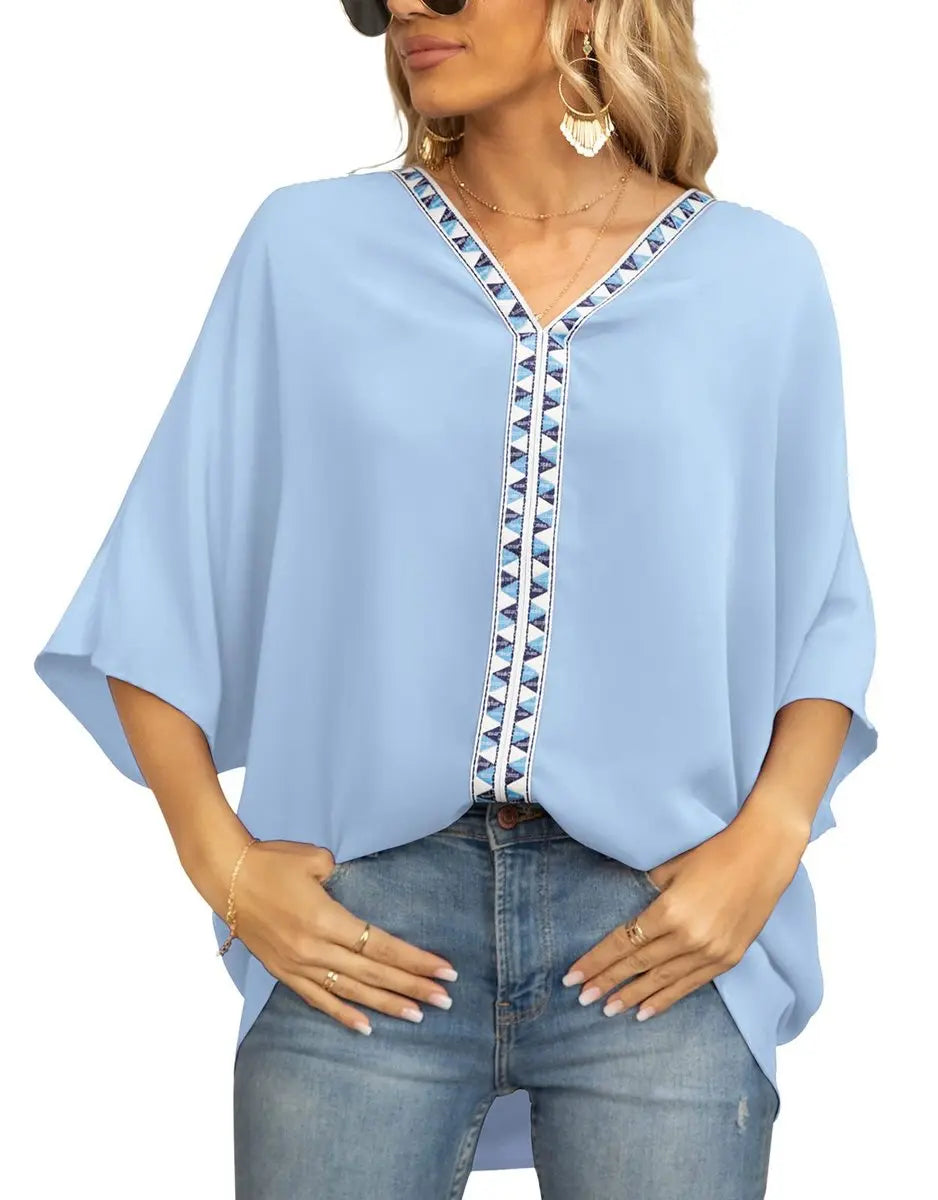 Women's Oversized V-Neck Geometric Trim Boho Tunic Top - Light Blue
