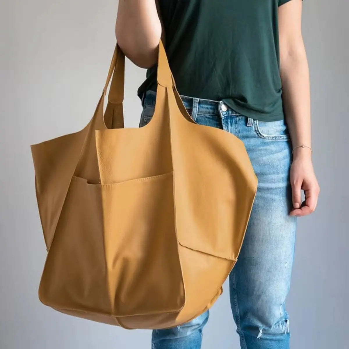 Women's Oversized Vegan Leather Magnetic Closure Tote Bag - Mustard