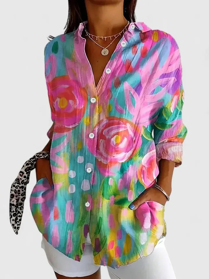Women's Painterly Floral Blouse Button Down Long Sleeve - Pink