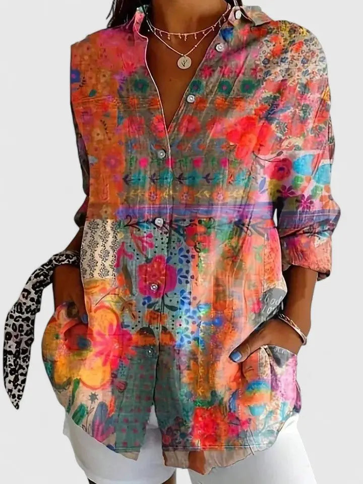 Women's Painterly Floral Blouse Button Down Long Sleeve - Orange