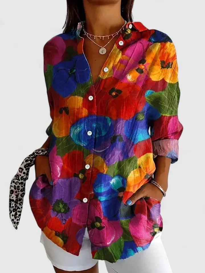 Women's Painterly Floral Blouse Button Down Long Sleeve - Multi-colored 2