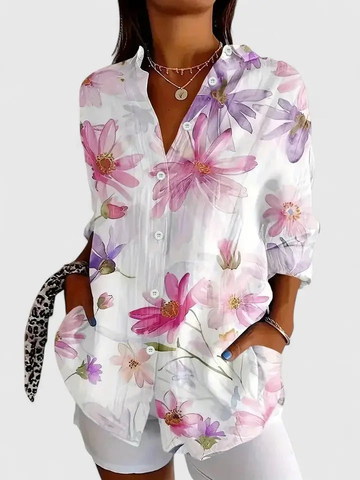Women's Painterly Floral Blouse Button Down Long Sleeve - White
