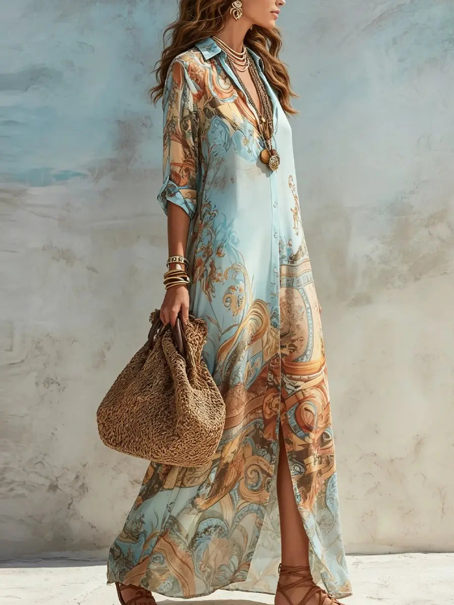 Women's Paisley Print Button-Through Maxi Shirt Dress