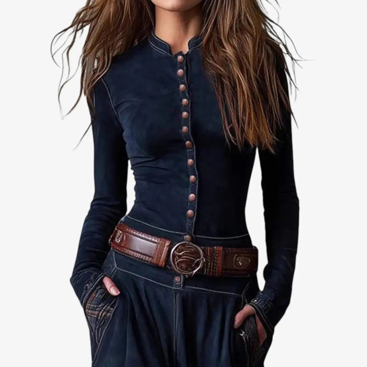 Women's Patchwork Maxi Long Sleeve Dress Suede-Look Button-Front