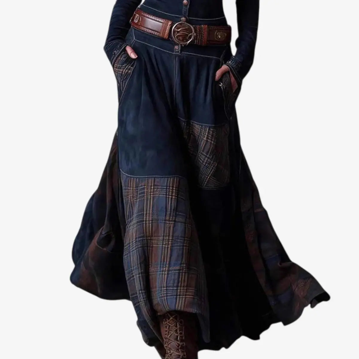 Women's Patchwork Maxi Long Sleeve Dress Suede-Look Button-Front