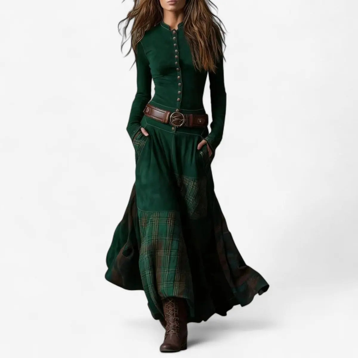 Women's Patchwork Maxi Long Sleeve Dress Suede-Look Button-Front - Green
