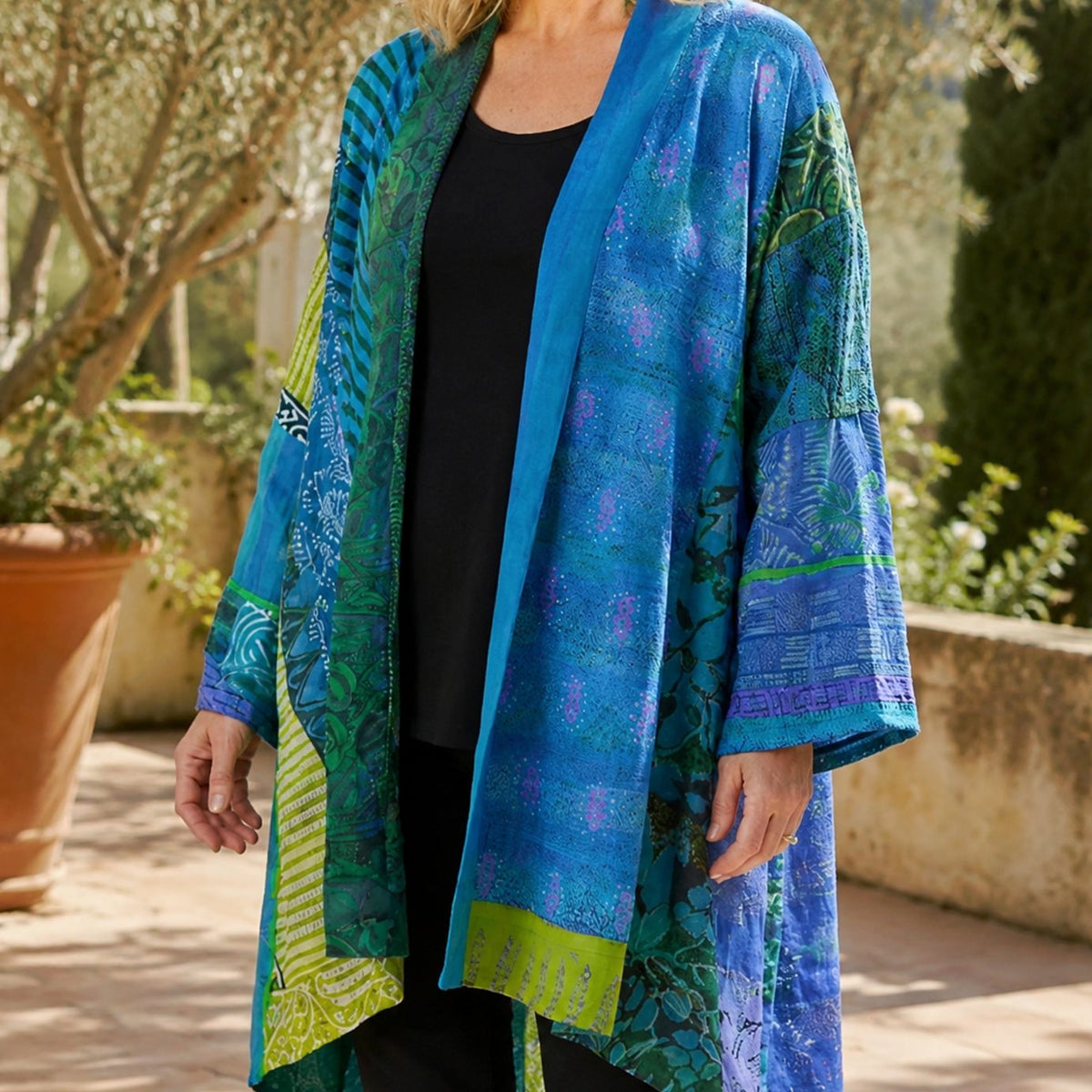Women's Patchwork Open-Front Longline Cardigan Wide Sleeves - Blue
