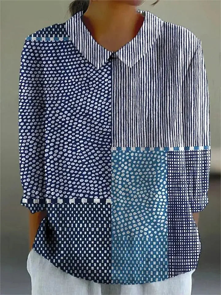 Women's Patchwork Print Blouse V-Neck Cotton Collared