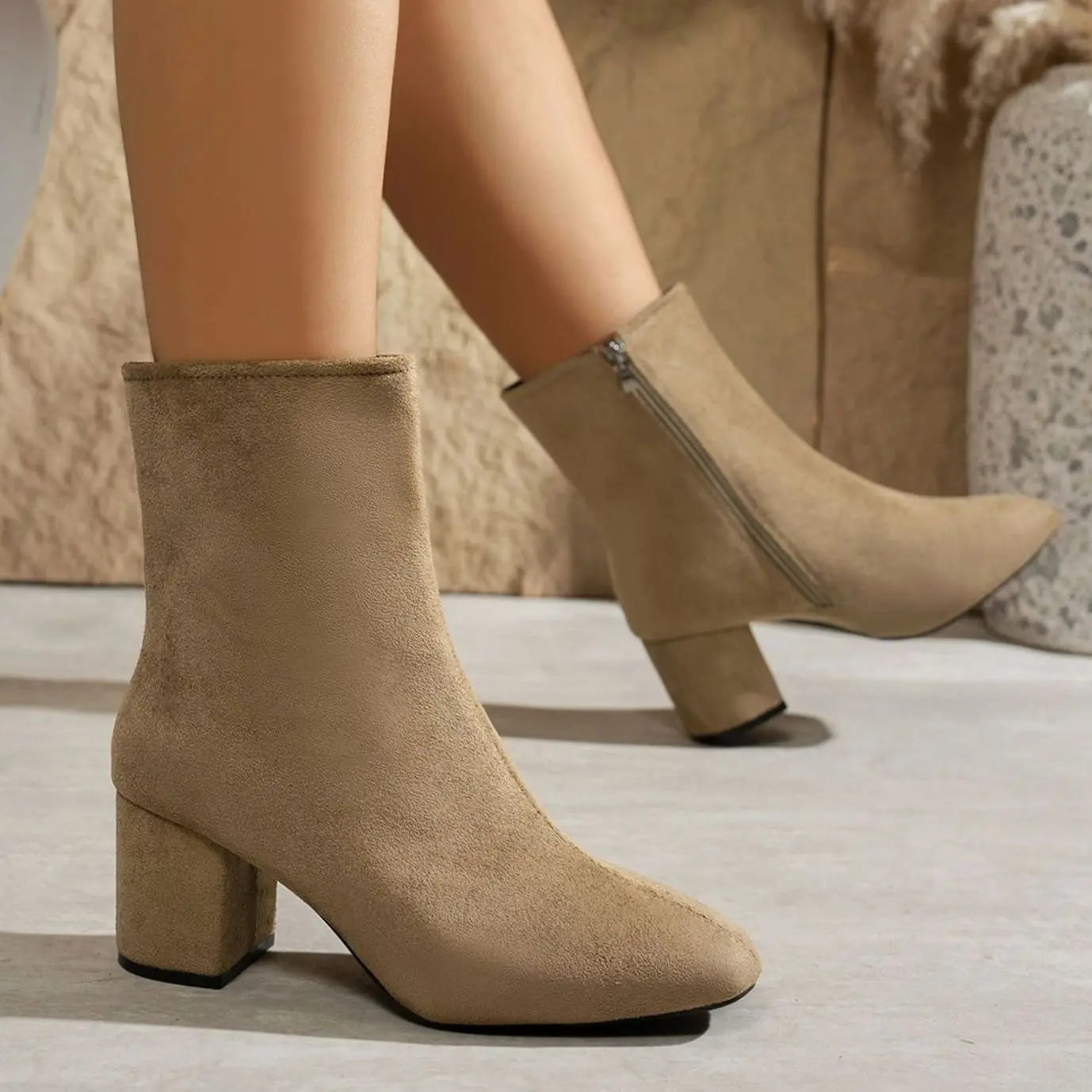Women's Patent Block-Heel Side-Zip Ankle Boots - Khaki