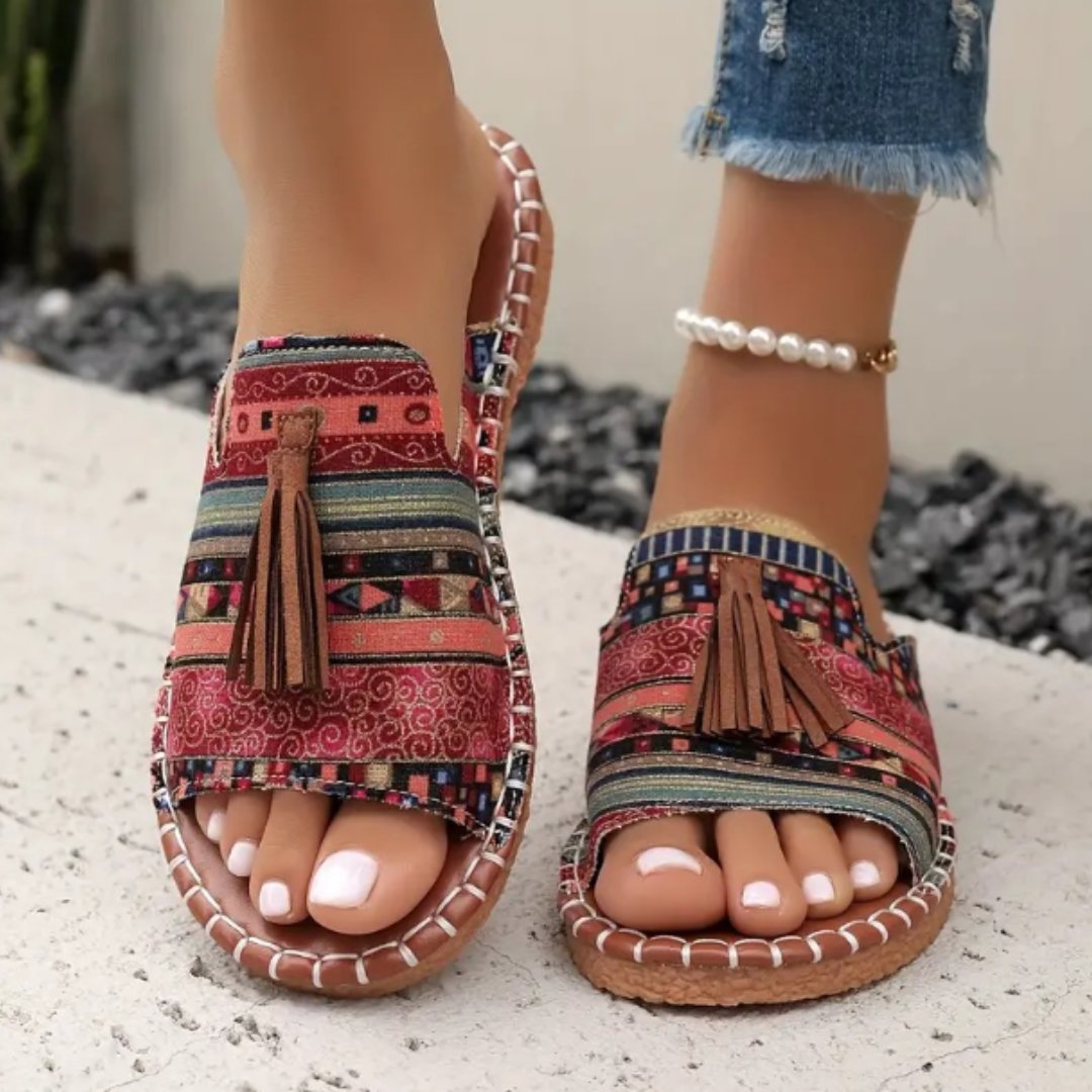 Women's Patterned Slide Sandals with Tassel Detail - Red