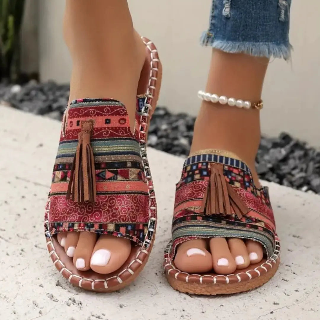 Women's Patterned Slide Sandals with Tassel Detail - Red