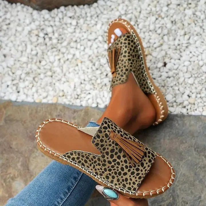 Women's Patterned Slide Sandals with Tassel Detail