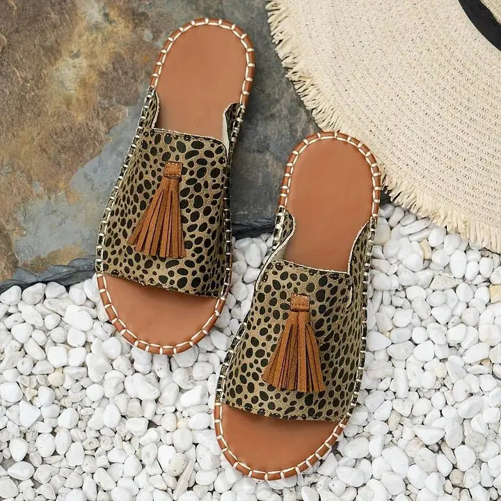 Women's Patterned Slide Sandals with Tassel Detail